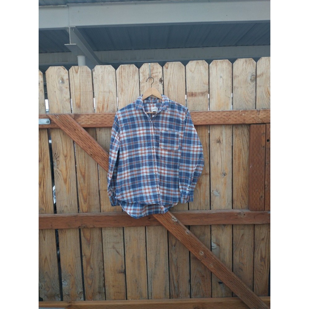 Universal Thread Blue Orange Plaid Flannel Long Sleeve Button Up Shirt Size M